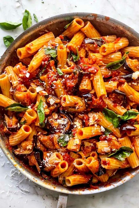 Pasta alla Norma (Eggplant Pasta) | foodiecrush.com Eggplant Norma Pasta, Pasta With Aubergine Recipe, Eggplant And Tomato Pasta, Roast Aubergine Recipes, Salt And Lavender Recipes Pasta, Eggplant Alla Norma, Pasta Eggplant Recipe, Alla Norma Sauce, Eggplant Parm Pasta