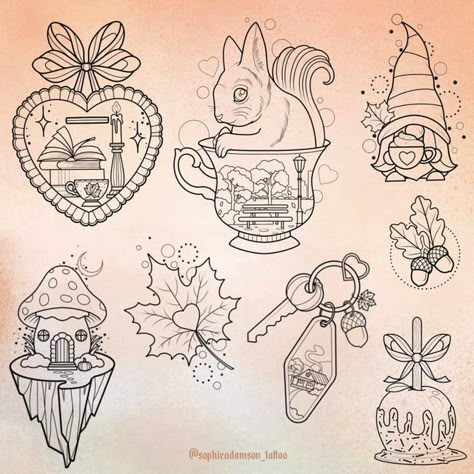 Fall Scene Tattoo, Cottagecore Flash Tattoo, Spooky Cottagecore Tattoo, Jam Jar Tattoo, Fall Tattoo Ideas, Autumn Tattoos, Cottagecore Tattoo, F Tattoo, Apple Tattoo