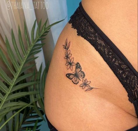 Small Tattoos For Hip, Cute Small Hip Tattoos For Women, Girly Hip Tattoos, Small Tattoos On Thigh, Tattoos For Stomach, A B Tattoo, Hideable Tattoos Placement, Baddie Tats Hip, Tattoos Placement For Women