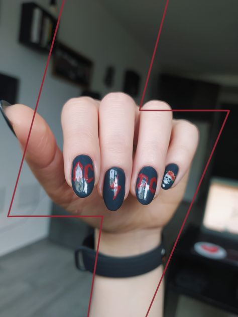 AC/DC Nails Music Inspired Nail Art, Ac Dc Nails, Dc Inspired Nails, Acdc Nails, Nails Inspiration Matte, Masculine Nails, Dc Nails, Lightning Nails, Band Nails