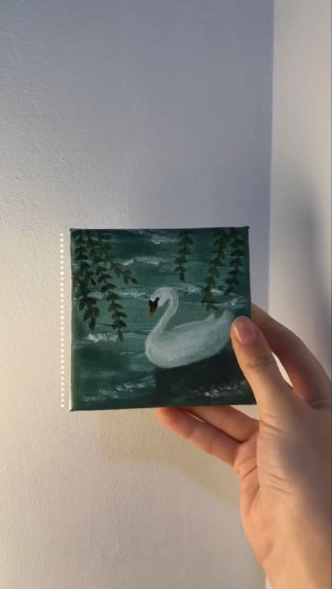 Painting Ideas For 2 Canvases, Swan Painting Acrylic Easy, Swan Painting Easy, Swan Lake Drawing, Swan Canvas Painting, Swan Painting Acrylic, Lake Painting Easy, Swan Lake Painting, Mini Canvas Paintings Easy