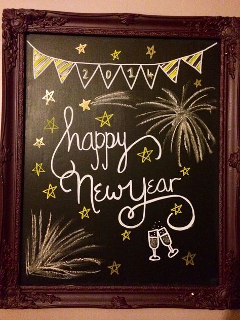 Chalk Pen Window Art New Year, New Year’s Chalkboard Art, New Year Blackboard Ideas, Happy New Year Chalkboard Ideas, Chalkboard New Year, New Year’s Eve Chalkboard Art, New Years Chalkboard Ideas, New Years White Board Ideas, New Years Board Ideas