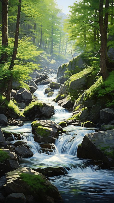 Waterfall Forest Painting, Forest River Painting, Forest Stream Painting, Flowing Water Painting, Stream Drawing, Shop Mural, Streams Of Water, Forest Stream, Plane Flying