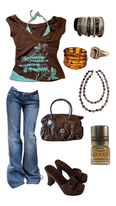 outfit inspiration brown gold y2k vintage gucci heels halterneck layered top low rise flared jeans Brown Flare Jeans Outfit, Brown Flare Jeans, Brown Jeans Outfit, Low Rise Jeans Outfit, Low Rise Flared Jeans, Flare Jeans Outfit, Brown Flares, Gucci Heels, Brown Jeans