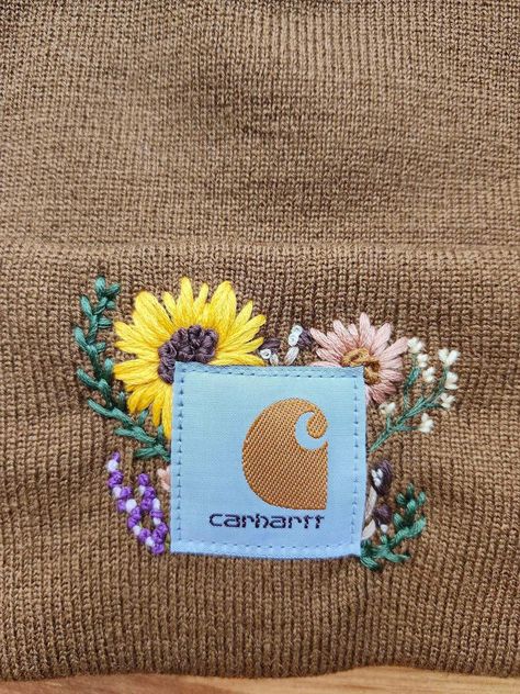 How To Embroider A Beanie, How To Embroider Carhartt Beanie, Embroidered Beanie Diy, Carhartt Hat Embroidery, Carhart Hats, Embroidered Hats Ideas, Beanie Diy, Embroidered Bookmarks, Embroidered Stocking