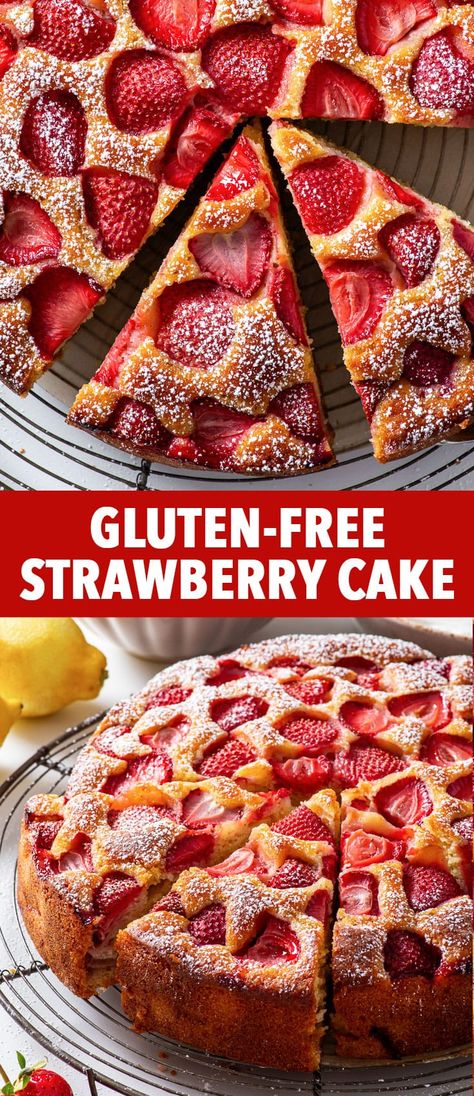 Gf Strawberry Recipes, Gluten Free Strawberry Upside Down Cake, Fresh Strawberry Recipes Gluten Free, Gluten Free Recipes With Strawberries, Easy Gluten Free Strawberry Cake, Gf Strawberry Shortcake, Almond Flour Strawberry Cake, Gluten Free Strawberry Bread, Fun Gluten Free Desserts