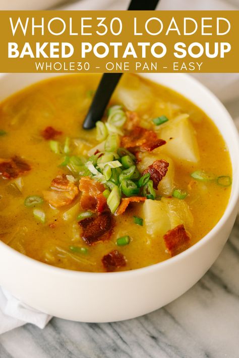 This Whole30 Baked Potato Soup is the ultimate healthy, winter comfort food. It is loaded with all of the creamy, hearty and delicious flavors of a loaded baked potato, but made with Whole30 compliant ingredients. Paleo Comfort Food, Easy Winter Recipes, Healthy Winter Meals, Whole30 Meal Prep, Whole 30 Lunch, Loaded Baked Potato, Loaded Baked Potato Soup, Whole30 Dinners, Winter Comfort Food