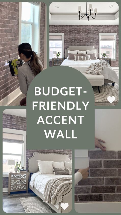 Transform your bedroom into a stylish and modern space with this DIY Faux Brick Wall Bedroom Makeover. With a few simple tricks, you can create an eye-catching accent wall that will give your bedroom a sophisticated touch. From selecting the right materials to walls that look freshly painted and textured, we have all the tips and tricks you need for a successful project. Please visit us for more accent wall ideas and DIY Home Project Ideas for your Bedroom. Brick Feature Wall Bedroom, Faux Brick Accent Wall Bedroom, Tile Accent Wall Bedroom, Brick Paneling Ideas Accent Walls, Brick Paneling Ideas, Faux Brick Wall Bedroom, Cheap Accent Wall Ideas, Brick Accent Wall Bedroom, Accent Wall Behind Bed