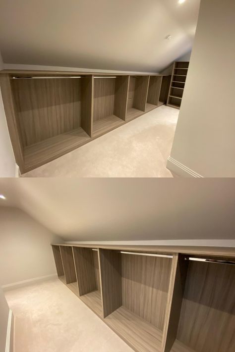 Built In Loft Wardrobes, Small Loft Wardrobe Ideas, Eaves Walk In Wardrobe, Built In Eves Wardrobe Ideas, Built In Wardrobes Loft Room, Attic Room Wardrobe, Eve Storage Ideas, Awkward Wardrobe Space, Walk In Wardrobe Eaves