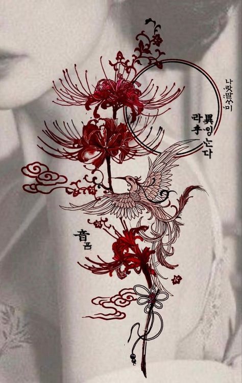 Japanese Dragon Tattoos Simple, Yakusa Women Tattoo, Dragon And Flower Tattoo Design, Japanese Style Spine Tattoo, Huli Jing Tattoo, Red And Black Back Tattoo Women, Red And Black Half Sleeve Tattoo, Black And Red Phoenix Tattoo, Chinese Pattern Tattoo