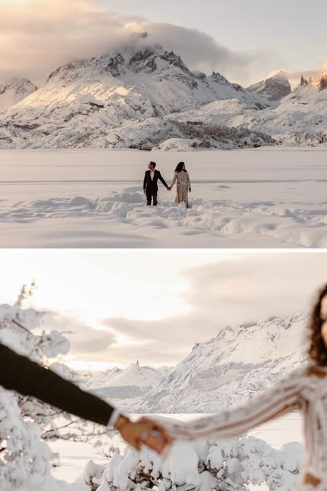 Winter Elopement in Patagonia | Patagonia Elopement | Patagonia Wedding | Snowy Elopement | Winter Wonderland Elopement | Snow Wedding | Adventure Elopement Aspen Elopement Winter, Snow Wedding Aesthetic, Snowy Wedding Photos, Mountain Wedding Winter, Snowy Wedding Pictures, Alaska Wedding Ideas, Winter Mountain Elopement, Winter Elopement Photography, Austria Elopement