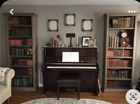 Study Room With Piano, Piano Family Room, Front Room Piano, Piano Library Wall, Piano Room With Bookshelves, Piano Nook Ideas, Stand Up Piano In Living Room, Pianino In Living Room, Piano And Bookshelves