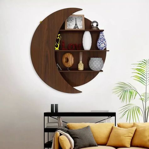 Moon Shape Designer Wooden Wall Shelf / Book Shelf, Walnut Finish Dm for order and queries #walldecor Toy Shelf, Wooden Wall Shelf, Shelf Book, Corner Wall Shelves, Toy Shelves, Wooden Wall Shelves, Bookshelf Design, Designer Wall, Wood Wall Shelf