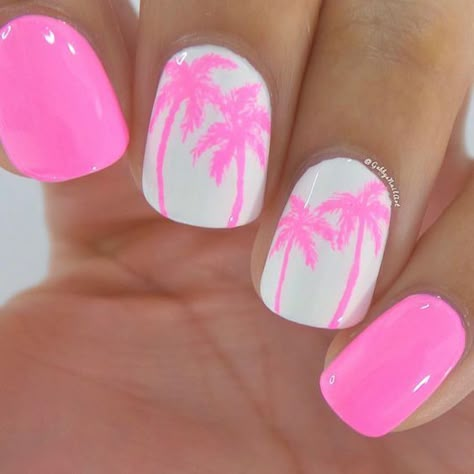 Nails Beach, Pink Nail Art Designs, Palm Tree Nails, Unghie Nail Art, Tree Nails, Nagel Tips, Pink Nail Art, Beach Nails, Gel Nail Designs