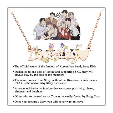 PRICES MAY VARY. ◆LOVESTAY NECKLACE◆The Necklace with design-Love stay. ◆PERFECT GIFT FOR FANS◆This necklace is the best gift for fans to show their support for their idol.This necklace is the best choice for fans who like this boy group as a birthday gift, Christmas gift, friendship gift, etc. ◆ MESSAGE CARD◆The official name of the fandom of Korean boy band, SKZ.Dedicated to one goal of loving and supporting SKZ, they will always stay by the side of the members.The name comes from 'Stray' with Skz Necklace, Stray Kids Outfits, Kpop Fandom, Skz Stay, Fandom Kpop, Group Gifts, 14th Birthday, Bestie Gifts, Skz In Cute