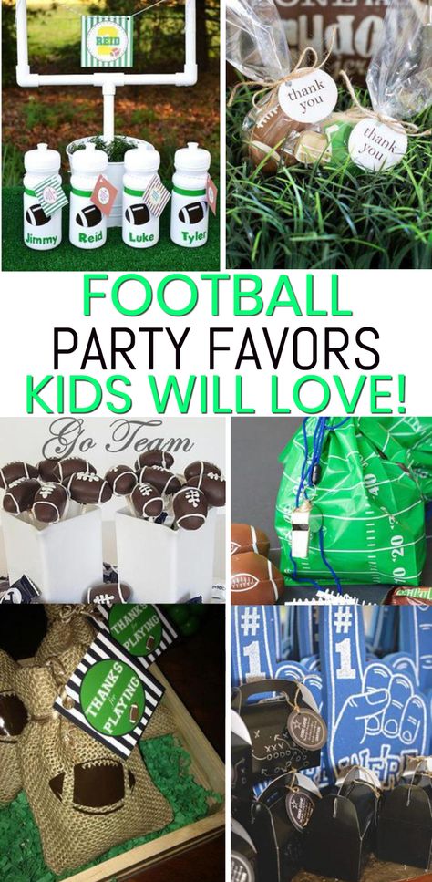 Football Party Favors! The best party favors for birthdays and end of season parties. Boys and girls will love any of these favor ideas from goodie bags to candy to gumballs to toys. Coolest football party favors! Tailgate Goodie Bags, Football Themed Birthday Party Favors, Sports Themed Birthday Party Favors, Football Favors For Players, End Of Season Flag Football Gifts, Flag Football Birthday Party Ideas, End Of Football Season Gifts, End Of Year Football Party, Tailgate Birthday Party Ideas Kids