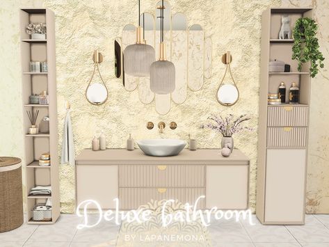 Lapanemona's Deluxe bathroom set Sims 4 Bathroom Wallpaper, The Sims 4 Cc Home, Sims 4 Bathroom Cc, Sims 4 Bathroom, Bathroom Cabinet With Drawers, Luxurious Decor, Sims 4 Tsr, Cc Furniture, Sleek Bathroom