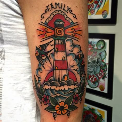 Traditional Nautical Tattoo, Sea Tattoo Sleeve, Traditional Lighthouse Tattoo, Vintage Tattoo Art, Sailor Tattoos, Lighthouse Tattoo, Tattoo Meanings, Traditional Sleeve, Traditional Tattoo Sleeve