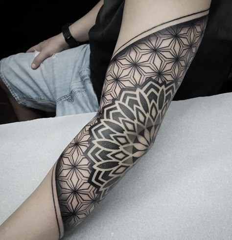 Sacred Geometry Elbow Tattoo, Rist Tattoo For Men, Geometric Tattoo Elbow, Geometric Mandala Tattoo Design Men, Geometric Tattoo Filler, 108 Tattoo, Tato Mandala, Forearm Cover Up Tattoos, Geometric Tattoo Sleeve Designs