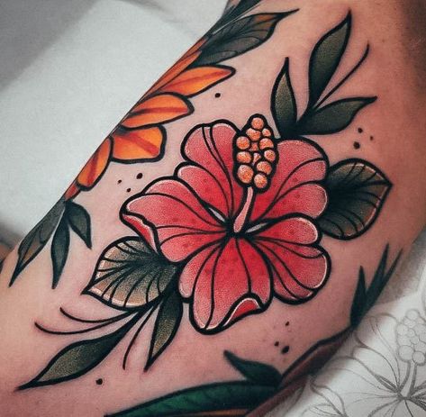 Traditional Purple Tattoo, Hibiscus Neotraditional Tattoo, Neo Traditional Hibiscus Tattoo, American Traditional Aquatic Tattoo, Cute Neotraditional Tattoo, Flash Tattoo Designs Neo Traditional, Neo Trad Sleeve, Nature Tattoo Color, Tattoo Ideas Female Colorful