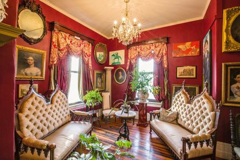 Living room, Room, Interior design, Property, Red, Furniture, House, Building, Home, Real estate, Bohemian Interior Design Bedroom, Victorian Parlor, Victorian Interior, Victorian Interiors, Luxury Coffee Table, Salon Suites, Inexpensive Home Decor, Victorian Decor, Country House Decor