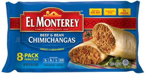 Beef  Bean Frozen Chimichangas have savory beef and whole beans to help you make a real meal, real fast. Find them in the frozen food section. Frozen Chimichanga, Frozen Recipes, Frozen Burritos, Single Serve Meals, Burrito Casserole, Frozen Appetizers, Frozen Dinners, Mexican Spices, Burritos Recipe