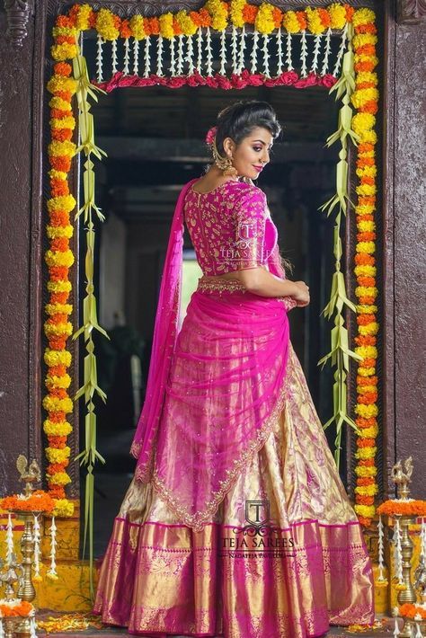 Gold And Pink Half Saree, Kanchipattu Half Sarees, Poses In Half Saree, Half Saree Hairstyles, Kanchipattu Lehenga, Pattu Lehenga Half Saree, Bridal Half Saree, Lehenga Half Saree, Pink Half Sarees