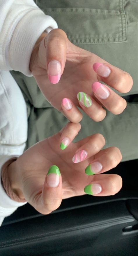 green pink nails, nail design, summer nails Green And Pink Nails Acrylic, Green And Pink Nails Designs, Pink And Green Nail Art, Green Pink Nails, Nail Design Green, Summer Nails Fun, Green And Pink Nails, Nail Ideas Summer, Wicked Nails