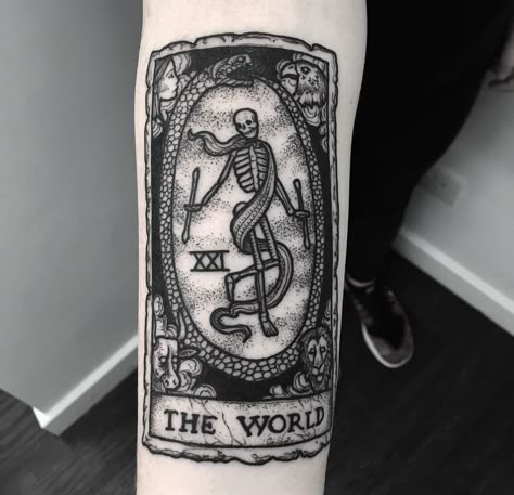 The World Tarot Card The World Tarot Tattoo, World Tarot Card, Celtic Tattoos For Men, Dark Mark Tattoos, The World Tarot Card, The World Tarot, Dripping Blood, Woodcut Tattoo, Tarot Tattoo