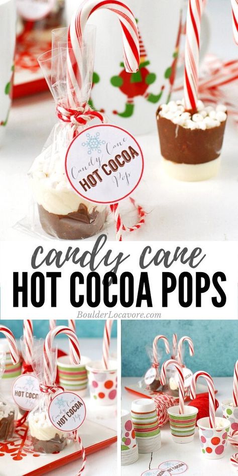 Homemade layered chocolate 'pops' with candy cane stems and mini marshmallows ready for making a rich cup of cocoa. Free printable gift tags included too! #giftidea #dessert Diy Hot Chocolate Cups Christmas Gifts, Hot Chocolate With Candy Cane, Hot Cocoa Balls Christmas, How To Make Hot Cocoa Cups, Mini Hot Chocolate Cups, Peppermint Hot Chocolate Cups, Dixie Cup Hot Chocolate, Candy Cane Hot Cocoa Pops, Hot Chocolate Cups Diy