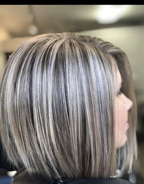 Brown Hair With Silver Highlights Gray Color Trends, Light Brown Hair Gray Highlights, Dark With Platinum Highlights, Grey Hair Highlights Lowlights, Grey Hair With Lowlights Older Women, Blond Gray Hair Color, Mid 40's Hair For Women, Chunky Lowlights For Blondes, Warm Grey Hair