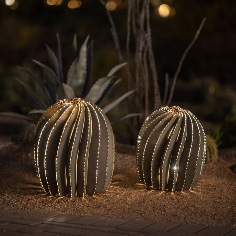 Barrel Cacti | Metal Landscape Art | Desert Steel Exterior Landscaping, Desert Backyard, Golden Barrel Cactus, Metal Sculptures Garden, Barrel Cactus, Metal Barrel, Steel Barrel, Easy Landscaping, Agave Plant