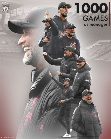 Jürgen Klopp graphic poster, 1000 games as manager in top right text, collage Club Poster Design, Club Social Media, Football Poster Design, Liverpool Soccer, Liverpool Wallpapers, Jurgen Klopp, Club Poster, Football Poster, Liverpool Football Club