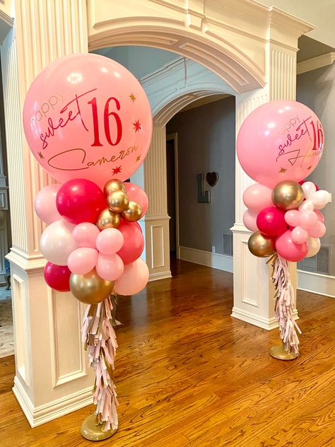 Vertical Balloon Stand, Pink Heart Centerpieces, Sweet 16 Ballon Arrangement, Sweet 16 Balloon Centerpieces, Entryway Balloon Decor, Balloons On Pillars, Pink Balloon Arrangements, Floor Balloon Arrangements, Pink Balloon Columns