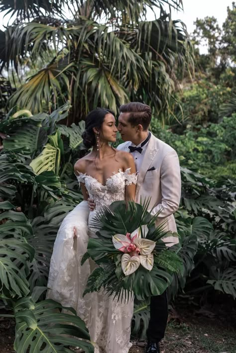 Bali Inspired Wedding, Jungle Wedding Dress, Tropical Wedding Favors, Tropical Wedding Photos, Jamaica Elopement, Jamaica Wedding Dress, Tropical Wedding Bride, Thailand Photoshoot, Island Wedding Ideas