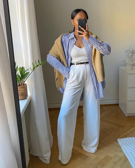 8 Scandi Summer Outfits I'm Desperate to Re-Create | Who What Wear UK White Trousers Outfit, Minimal Capsule Wardrobe, Simple Frocks, Trouser Outfits, Minimalist Capsule Wardrobe, Blue Striped Shirt, White Trousers, Looks Street Style, Summer Outfit Inspiration