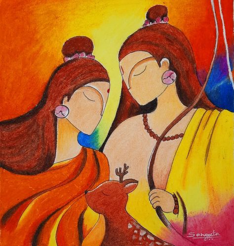 Oil pastel work of Lord Rama & Seeta Diwali Drawing Ideas, Diwali Drawing, Bubble Drawing, Ram Sita, Easy Rangoli Designs Videos, Easy Rangoli Designs Diwali, Ram Navami, Rangoli Designs Latest, Oil Pastel Drawings