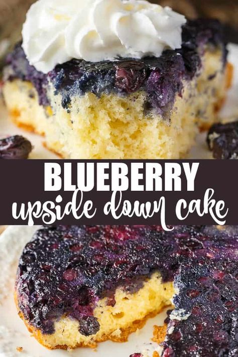 Blueberry Upside Down Cake - So simple to whip up using fresh summer blueberries! Made with cake mix to save on time. Lemon Upside Down Cake, Blueberry Upside Down Cake, Easy Blueberry Desserts, Buttermilk Pancakes Easy, Buttermilk Banana Bread, Blueberry Cake Mix, Blueberry Buttermilk Pancakes, Moist Yellow Cakes, Upside Down Cakes