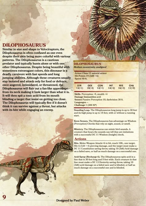 Dilophosaurus. Dm Resources, Homebrew Monsters, Monster Manual, Dnd Stats, Dnd Homebrew, Dnd Races, Dungeons And Dragons 5e, Dnd Funny, Dnd 5e Homebrew