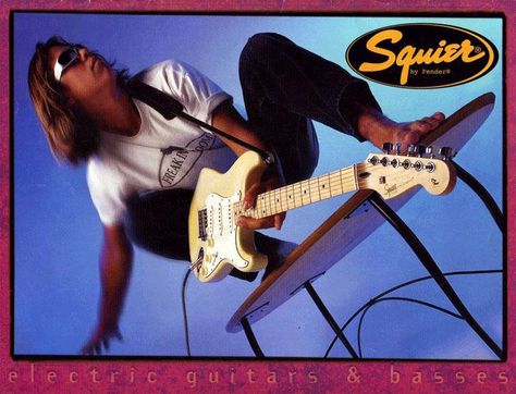 Squier Pro Series advert, 1996 Fender Frontline. For guitarists of a certain vintage, this ad might have recalled the series of classic '50s and '60s Fender ads, headlined “You Won't Part With Yours Either’, which featured guitars in unlikely outdoor action settings. Squier Guitars, Fender Guitar Amps, Guitar Logo, Eminem Photos, Guitar Magazine, Guitar Posters, Stratocaster Guitar, Pin Up Photos, Fender Squier