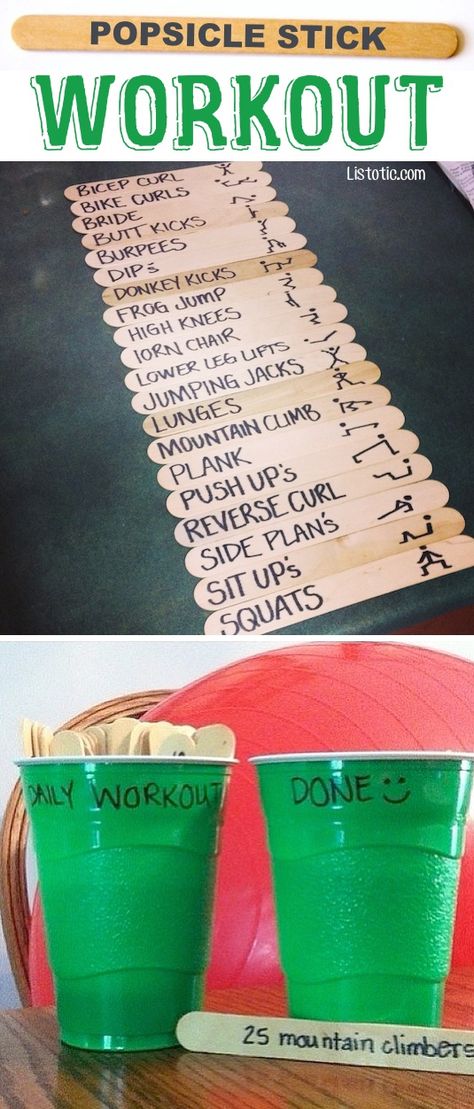 #4. The Popsicle Stick Workout -- This fun exercise idea makes everyday a new challenge! Stick Workout, Exercise Routine, Popsicle Stick, New Challenge, Workout Ideas, Popsicle Sticks, I Work Out, Daily Workout, Get In Shape