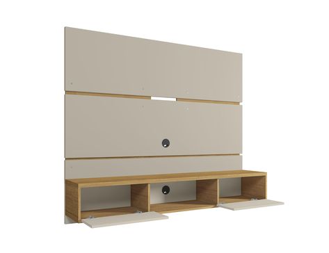 PRICES MAY VARY. Wood Make Your Space Feel Luxuriously Glamorous with the Vernon 62.99 Floating Entertainment Center by Manhattan Comfort, Featuring a Wall Mounted Design with a Beautiful Midcentury Modern Look in Gorgeous Off White and Cinnamon Color. Measures 62.99" inches L x 12.87" inches W x 53.54" inches H and Weighs 87.75 lbs. Requires Minor Assembly. Made of High Quality MDP and MDF. Beautiful Wall-Mounted Theater Center with a Center Open Shelf and Two Concealed Shelves with Pull-Down D Mounted Tv Walls, Floating Wall Tv Stand, Living Room Entertainment Center Ideas Wall Mounted Tv, Tv Desk Wall, Tv Wall Shelf, Mounted Tv Decor, Accent Wall Behind Tv, Entertainment Center Wall, Wall Mounted Tv Stand