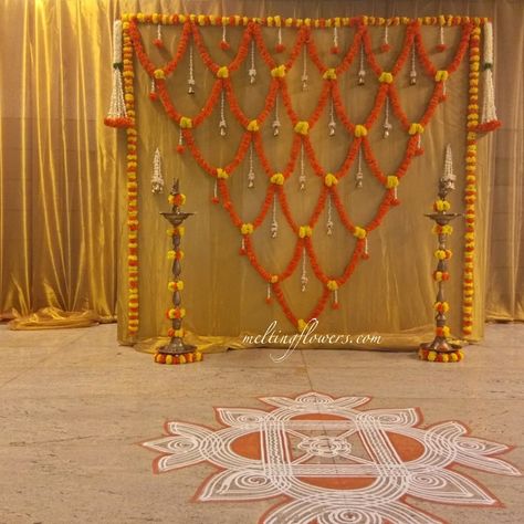 traditional flower backdrop decor Leaf Decor Wedding, Simple Stage Decorations, Ganpati Decoration At Home, Wedding Halls, Ganapati Decoration, Diwali Decorations At Home, Traditional Flower, Wedding Background Decoration, Decoration For Ganpati