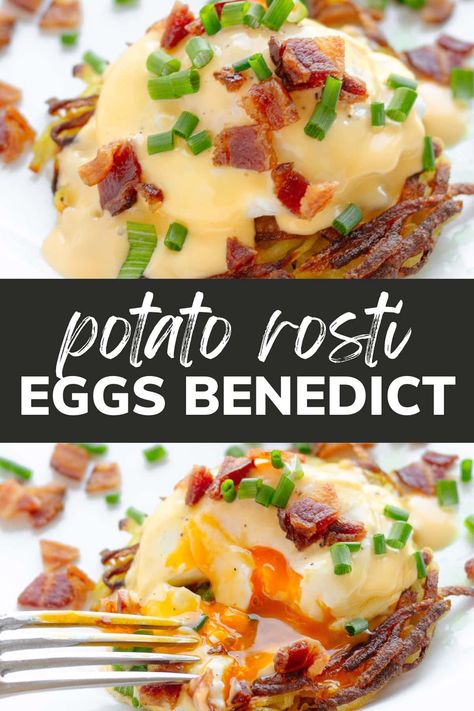 This Rosti Eggs Benedict recipe is brunch heaven! Picture this: golden crisp potato rosti topped with perfectly poached eggs, creamy hollandaise sauce, crispy bacon bits and a sprinkle of chopped chives. Absolutely mouthwatering! This delicious eggs Benedict variation is perfect for a special brunch like Easter brunch, Mother's Day brunch, Valentine's Day, Christmas brunch or anytime you want to treat yourself! | www.mapleandmango.com Eggs Benny Recipe, Poached Eggs Breakfast, Brunch Egg Dishes, Cooking Poached Eggs, Hollandaise Recipe, Potato Rosti, Benedict Recipe, Recipe For Hollandaise Sauce, Poached Egg Recipe