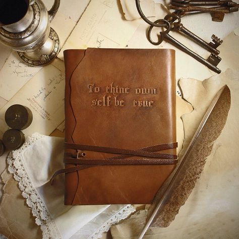 "To thine own self be true" ~ Shakespeare quote from Hamlet  This is a large leather journal that I've just listed in my medievaljourney.etsy.com filled with vintage style paper. . . . .  #analogue #handwriting #leatherwork #bookbinding #shakespeare #medieval #tv_retro #writing #victorian #cosplay #journal #moleskine #midori #sketchbook #journaling #medievaljourney #etsy #handmade Old Style Journal, Old Diary Aesthetic Vintage, Old Diary Aesthetic, Medieval Journal Aesthetic, Reading My Old Diary, Leather Journal Aesthetic, Retro Writing, Medieval Journal, Old Notebook