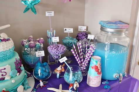 "Under the Sea" Candy Bar {"The Little Mermaid" Birthday Party} - Life at Cloverhill Sea Candy Bar, Candy Bars Ideas, The Little Mermaid Birthday Party, Birthday Party Under The Sea, Mermaid Themed Birthday Party, Bars Ideas, Mermaid Pool Parties, Ariel Birthday Party, Ideas For Birthday Party