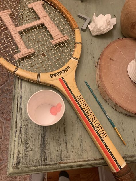 Decorating With Vintage Tennis Rackets, Painted Tennis Racket, Tennis Racket Art Wall Decor, Embroidered Tennis Racket, Tennis Racket Wall Decor, Tennis Room Decor, Vintage Tennis Racket Decor, Tennis Racquet Decor, Tennis Racket Art