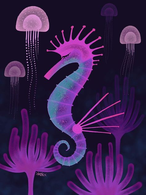 Sea Anemone Art, Seahorse Illustration, Gradient Illustration, Jellyfish Illustration, Ocean Illustration, Seahorse Art, Arte Folk, Animal Illustration Art, Sea Anemone