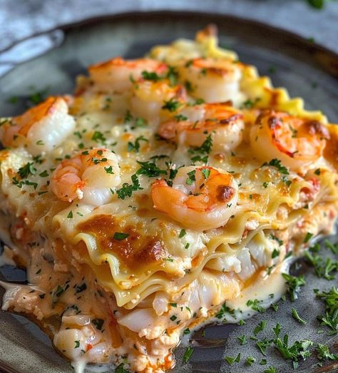 Seafood Lasagna Recipe Seafood Lasagna Recipe, Seafood Lasagna Recipes, Seafood Casserole Recipes, Seafood Lasagna, Lasagna Ingredients, Classic Lasagna, Cooked Pasta, Shrimp Dishes, Creamy Cheese