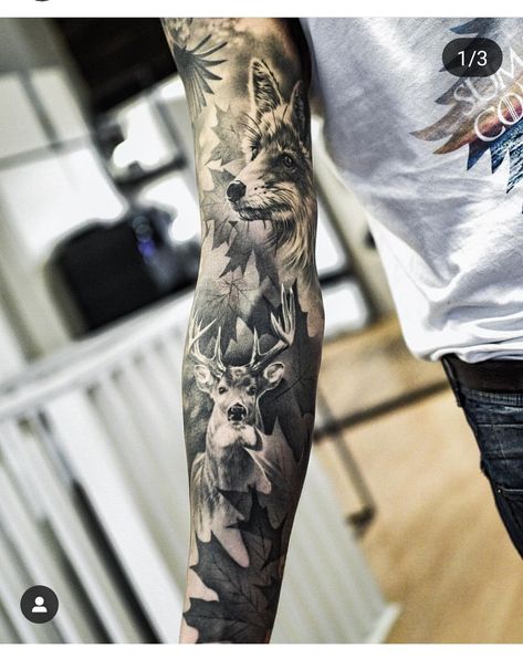 Forest Animal Sleeve Tattoo, Forest Animals Tattoo, Wildlife Tattoo Sleeve, Forest Animal Tattoo, Arm Tattoo Ideas For Men, Deer Hunting Tattoos, Forest Tattoo Sleeve, Natur Tattoo Arm, Nature Sleeve